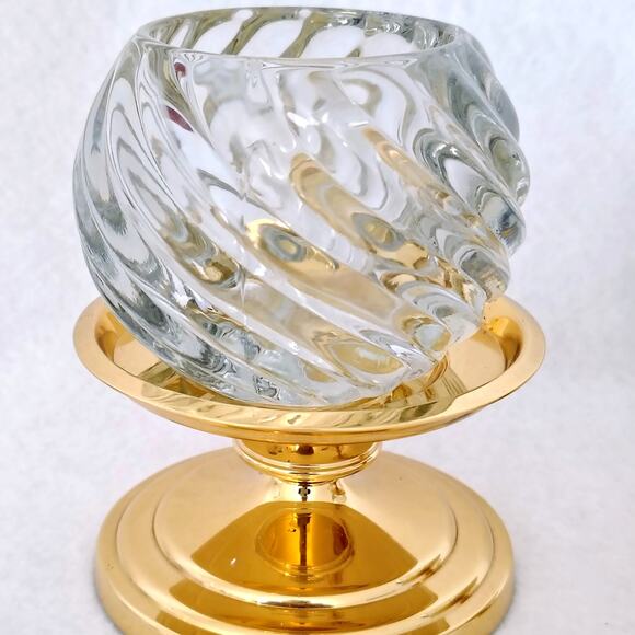 Partylite Swirl Votive Tea Light Glass Candle Holder Brass Pedestal Pair Set of2 - Picture 2 of 7